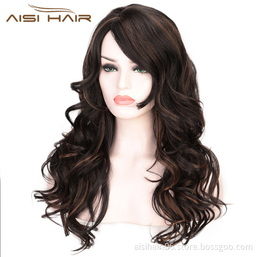 Heat Resistant Black Mixed Black Body Wave Synthetic Long Wavy Fiber Hair Wig For Black White Women Cosplay  Wigs